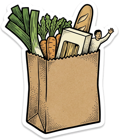 Generated woodcut-style illustration of a paper grocery bag overflowing with leeks, carrots, bread and pasta
