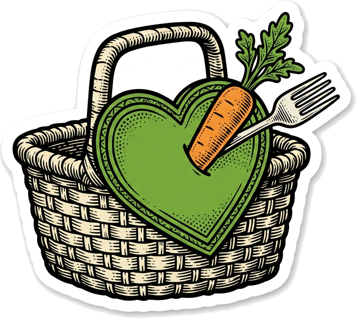 Generated woodcut-style illustration of a basket with a green heart-shaped price tag, a carrot and a fork