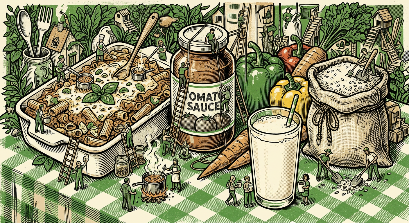 Generated woodcut-style illustration: tiny people climbing a pasta bake, a jar of sauce, peppers, carrots and a sack of rice on a green checked cloth